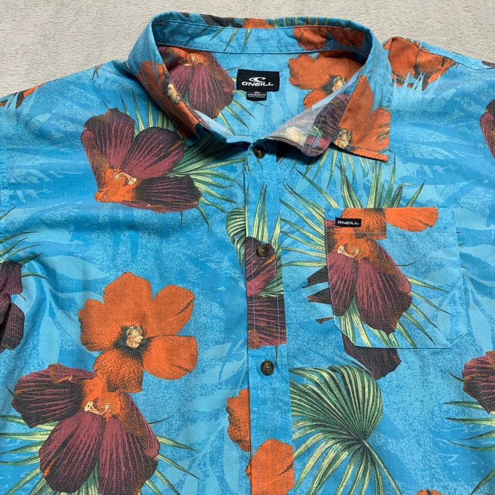 O'Neill Shirt Mens XL Standard Fit Blue Orange Floral Tropical Button Down EUC